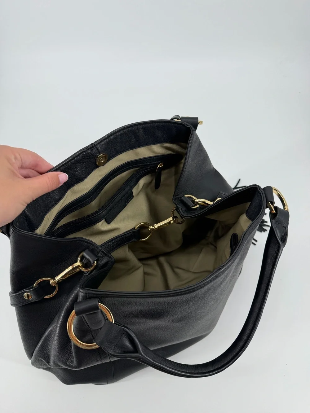 GILI Black Leather Hobo Satchel Bag Gold Hardware Tassel Shoulder Purse